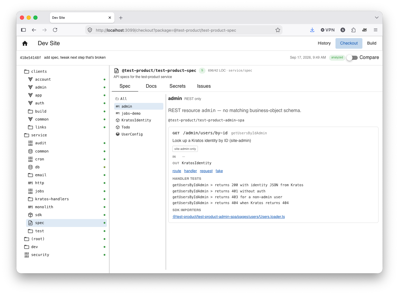 A route as seen on the dev site, with specs, links, and usages.