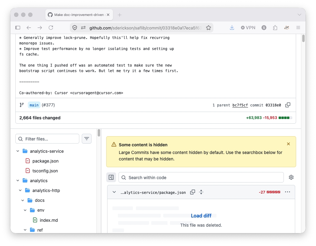 GitHub commit page showing 2,664 files changed in a large saflib commit